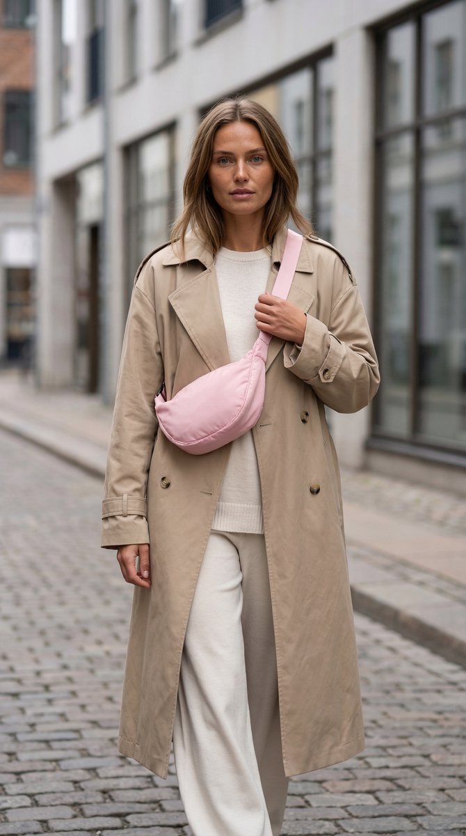 Lundholm Stavanger heuptas dames roze — banana bag/fanny pack lichtgewicht nylon, anti-diefstal ritsvak achter. Crossbody of heuptas drag-mode
