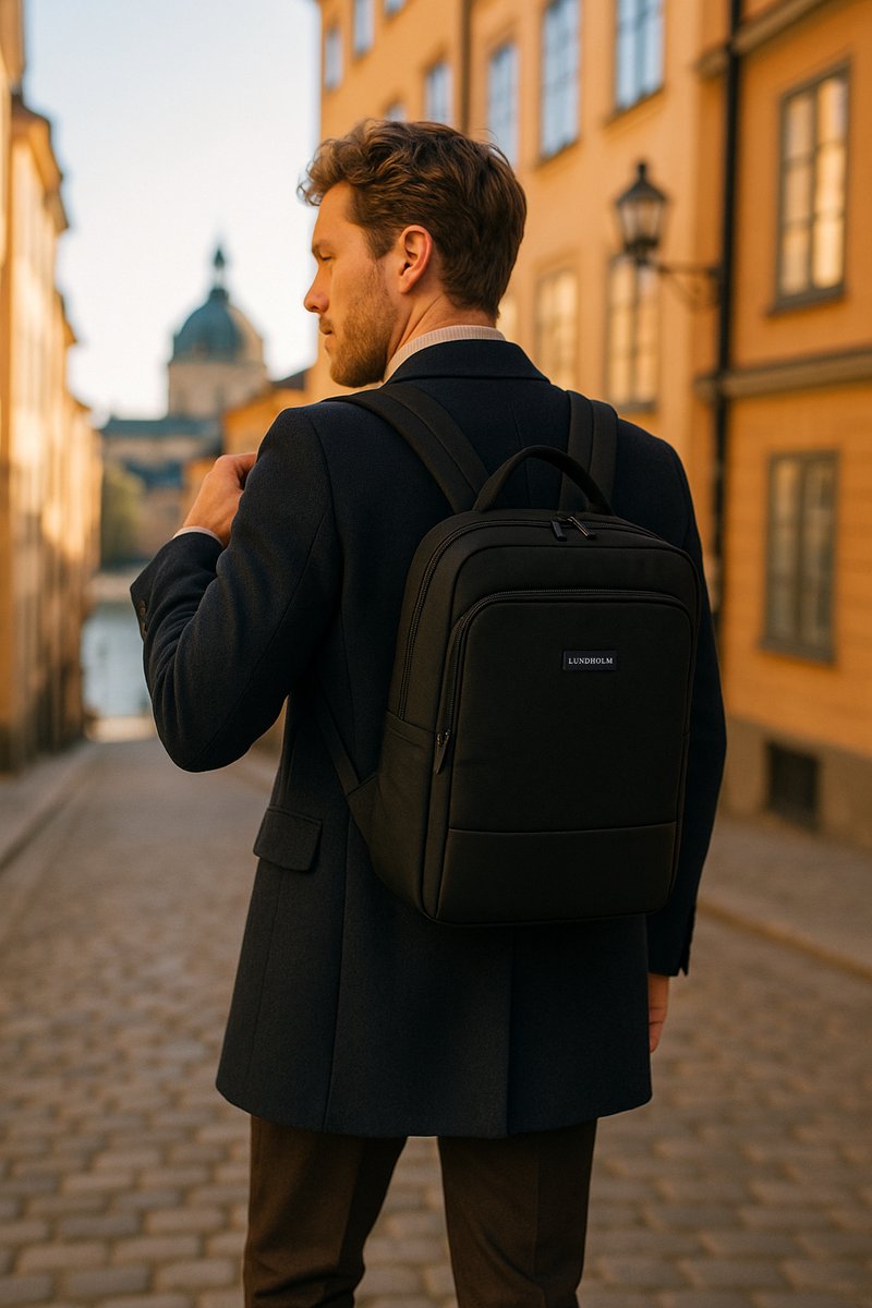 Lundholm Luxe Rugtas laptoptas 22L - 15,6 Inch - Laptop Rugzak Heren Laptoptas Schooltas - Werktas Laptoptas 15.6 inch - Tas - Scandinavisch Design - Diep Zwart