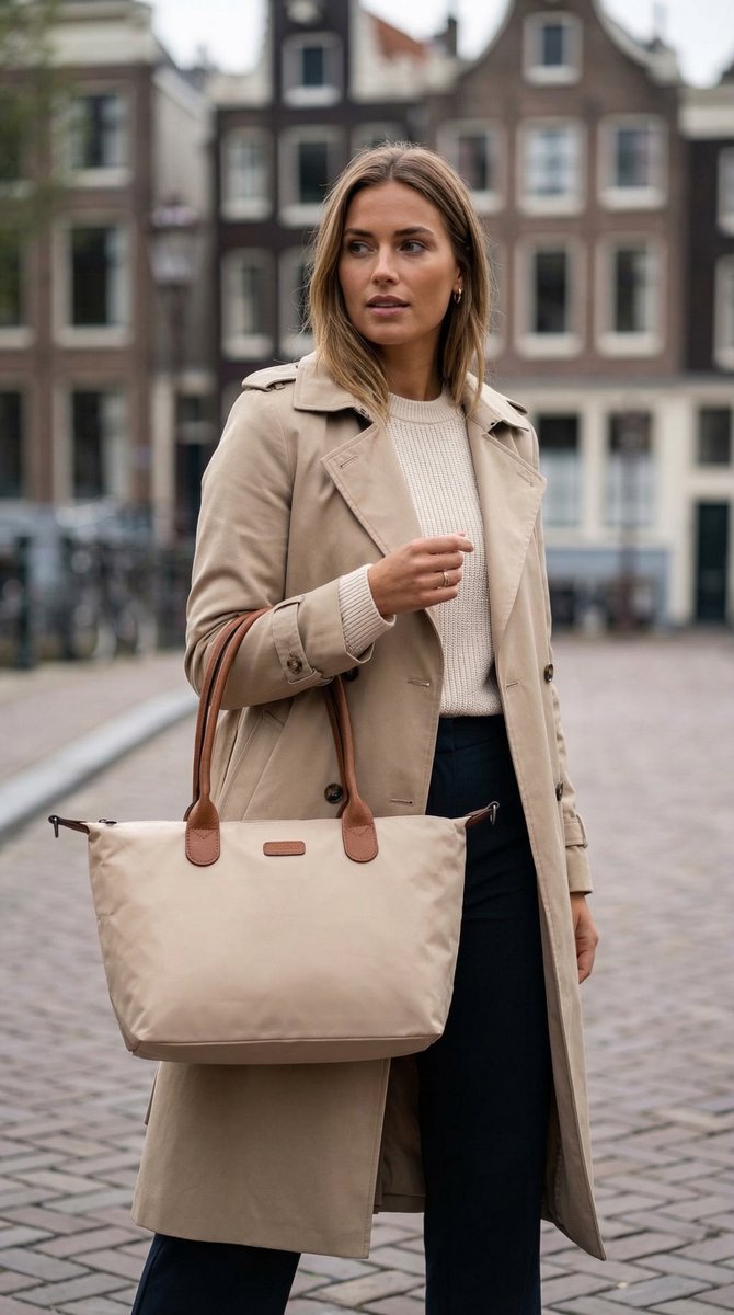 Lundholm Shopper Dames beige champagne tote bag - Scandinavisch design handtas met rits voor vrouwen