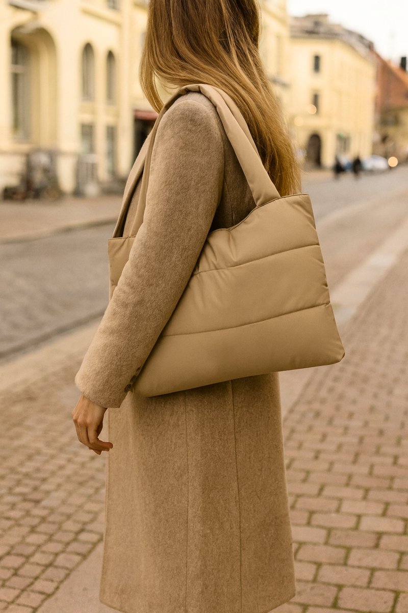 Tas Dames Puffer shopper groot Nylon - Schoudertas dames gewatteerde tas - tassen dames shopper - Taupe - vrouwen cadeautjes - Scandinavisch Design - Nykroppa serie