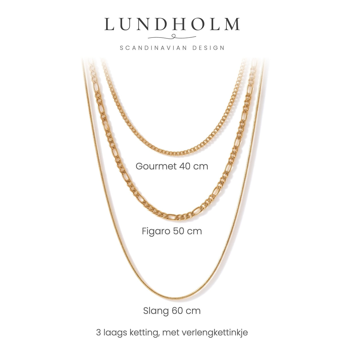 Lengtes van de Lundholm Thyra ketting: 40, 50 en 60 cm