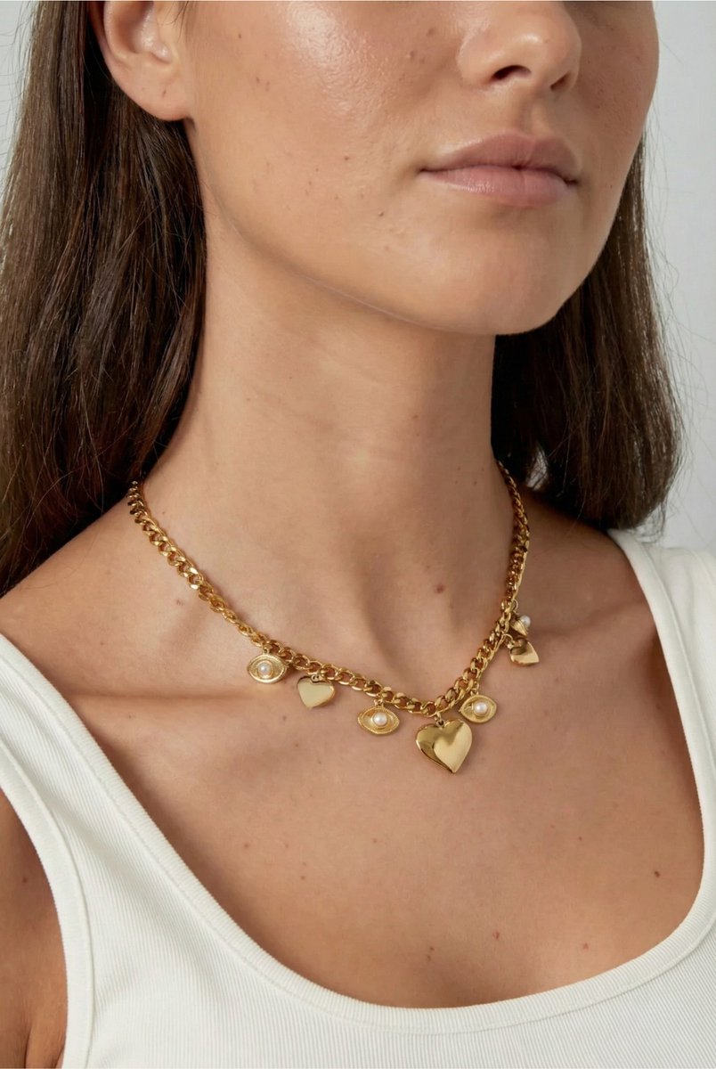 Lundholm luxe Bedelketting Dames Hartjes Ogen Goud Kleurig - Premium Stainless Steel Jewellery - Gouden Bedel Ketting - Cadeau voor Haar - My Inger Serie - in luxe Geschenk verpakking