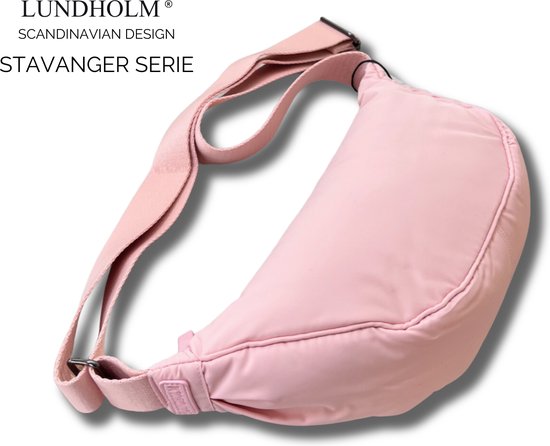 Lundholm Stavanger heuptas dames roze — banana bag/fanny pack lichtgewicht nylon, anti-diefstal ritsvak achter. Crossbody of heuptas drag-mode
