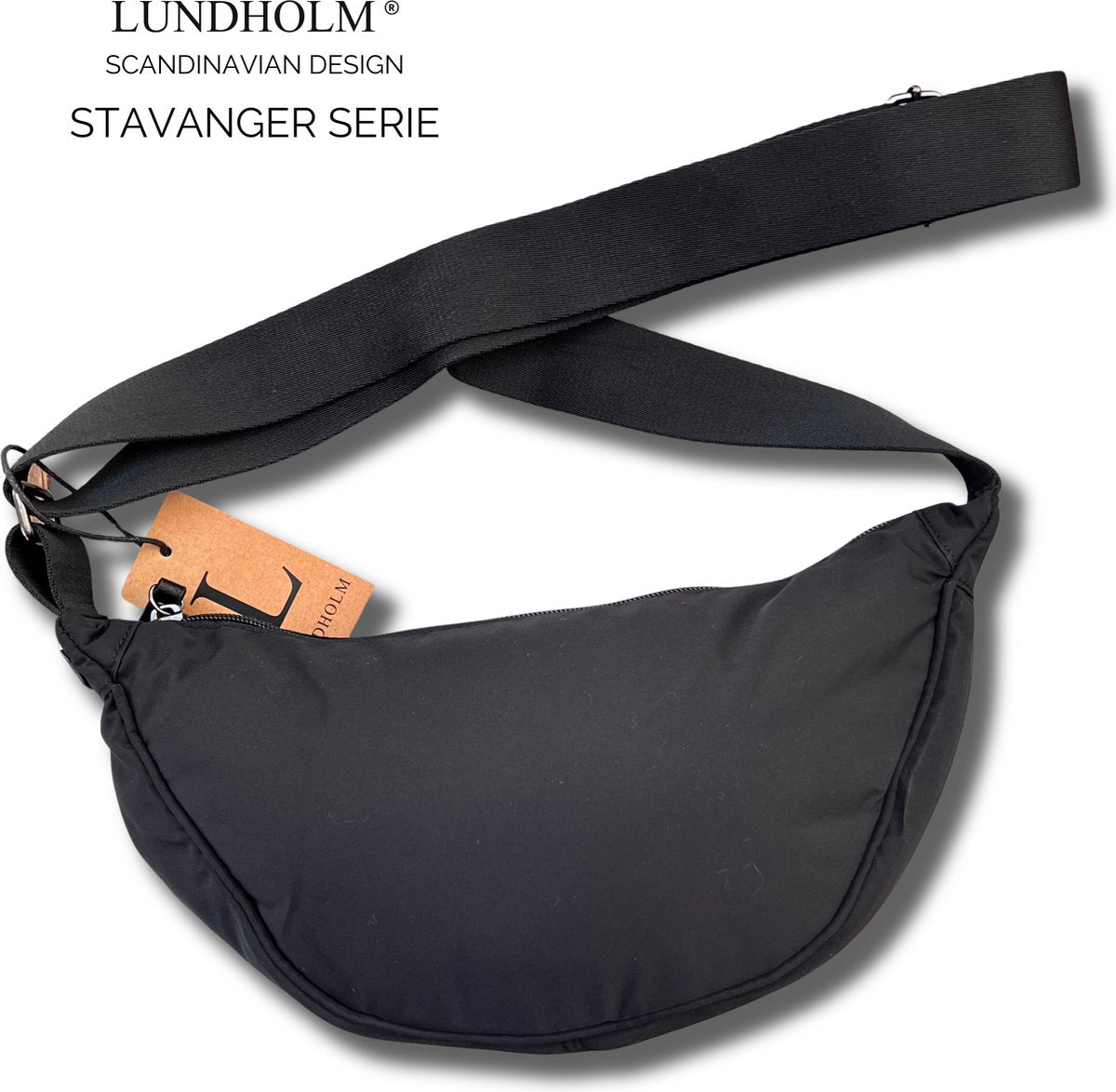 Lundholm Stavanger heuptas dames zwart — banana bag/fanny pack lichtgewicht nylon, anti-diefstal ritsvak achter. Crossbody of heuptas drag-mode
