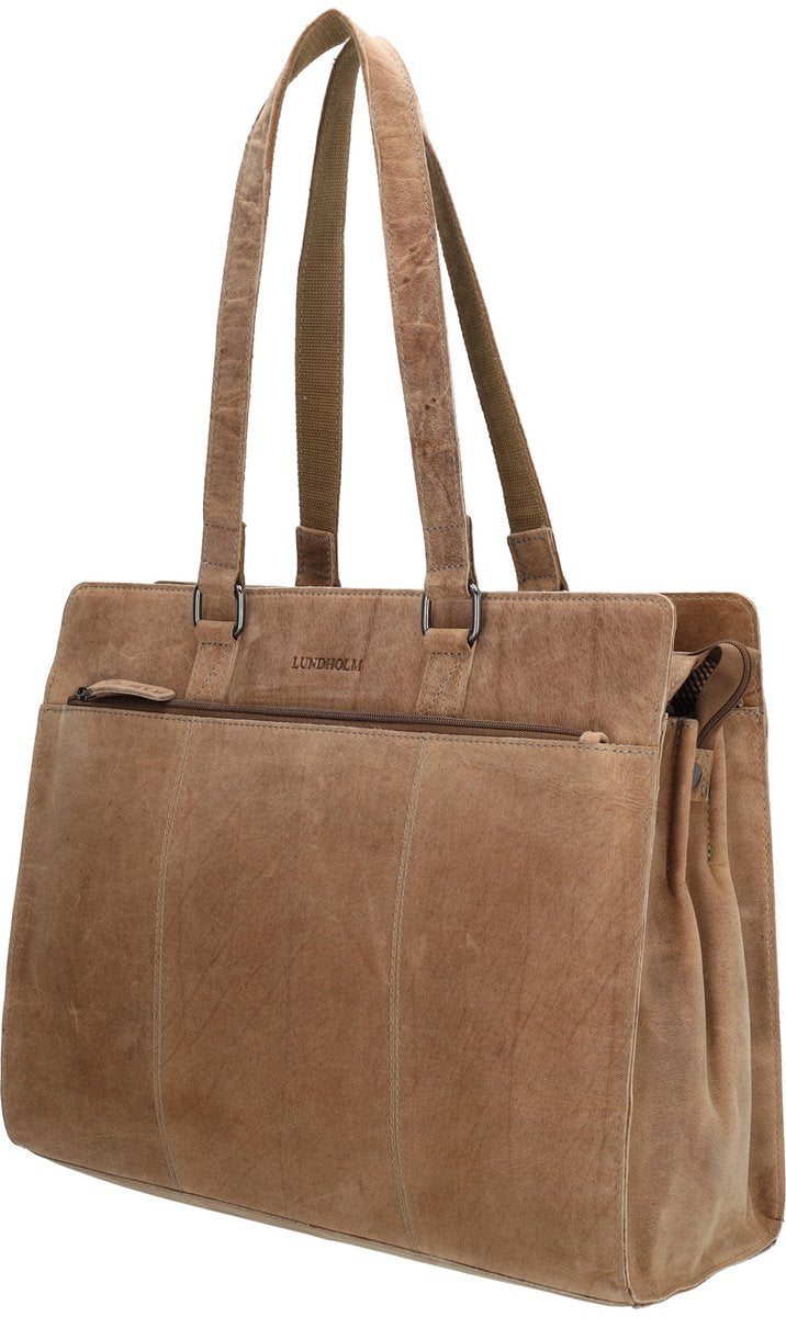 Lundholm luxe leren laptoptas 15.6 inch leer Bruin werktas schoudertas dames aktetas - Werktas dames echt leer - vrouwen cadeautjes - Luxe - Lichtbruin zand
