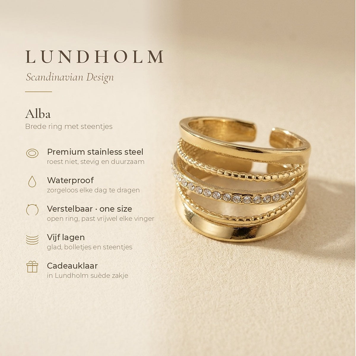 Lundholm Alba ring goud – premium roestvrij staal, waterproof, verstelbaar, vijf lagen