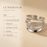 Lundholm Alba ring zilver – premium roestvrij staal, waterproof, verstelbaar, vijf lagen