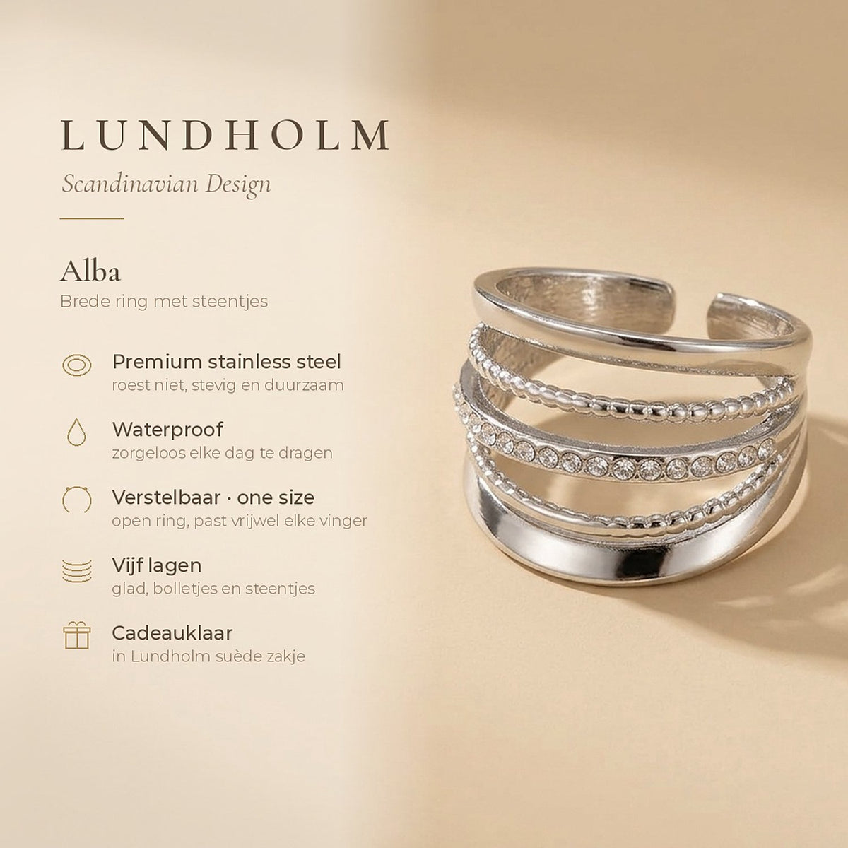 Lundholm Alba ring zilver – premium roestvrij staal, waterproof, verstelbaar, vijf lagen
