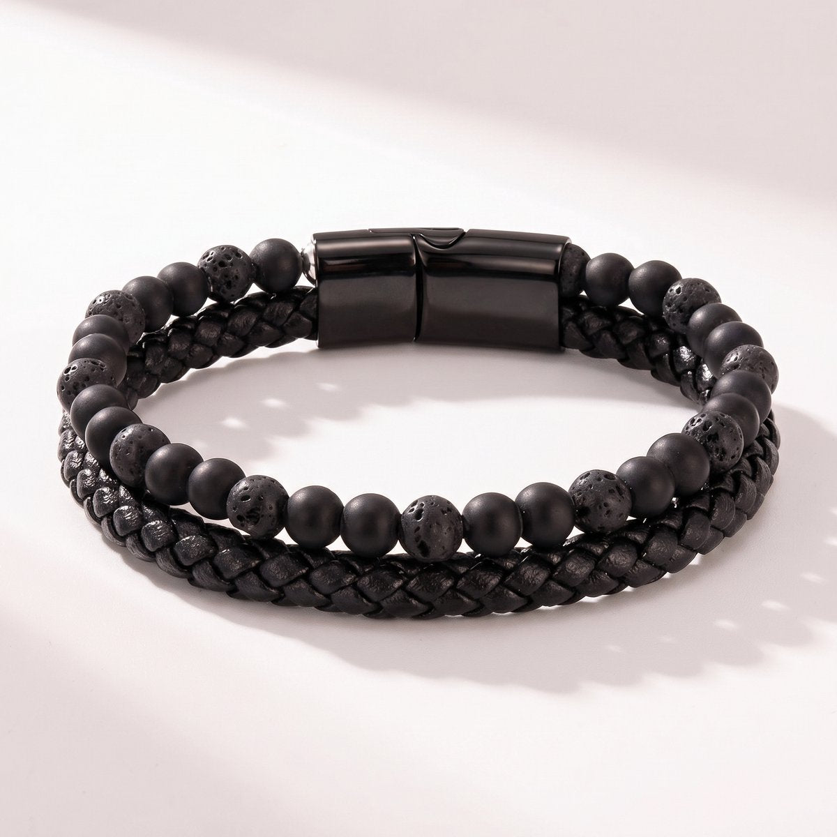 Lundholm Arvid Armband Heren Zwart - Kunstleer met Lavasteen - Stainless Steel Sluiting
