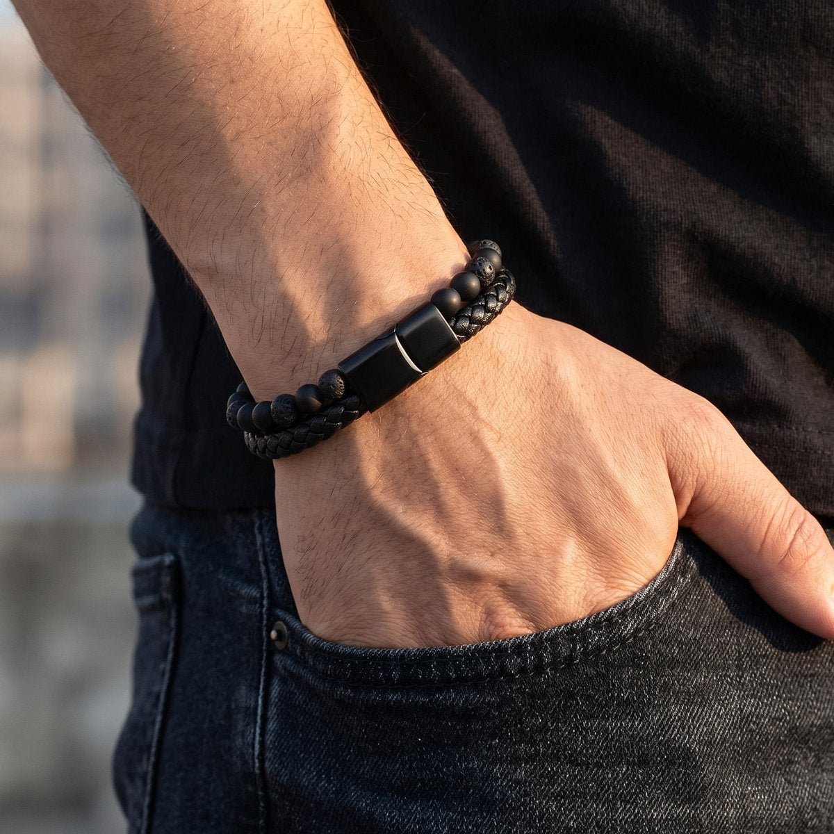 Lundholm Arvid Heren Armband Zwart Kunstleer Lavasteen detail