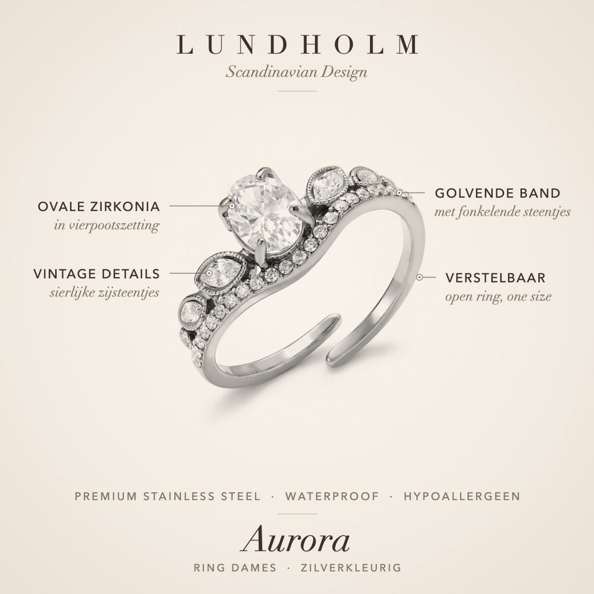 Lundholm Aurora ring zilver – verstelbaar, waterproof en hypoallergeen, vintage details