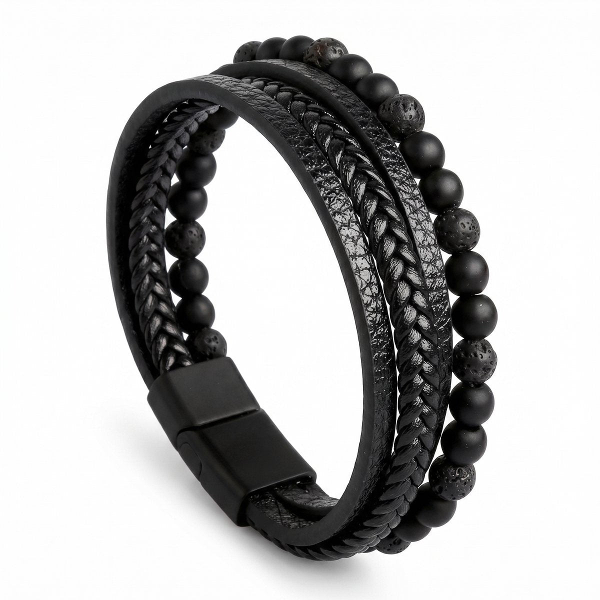 Lundholm Björn armband heren zwart kunstleer met tijgeroog kralen