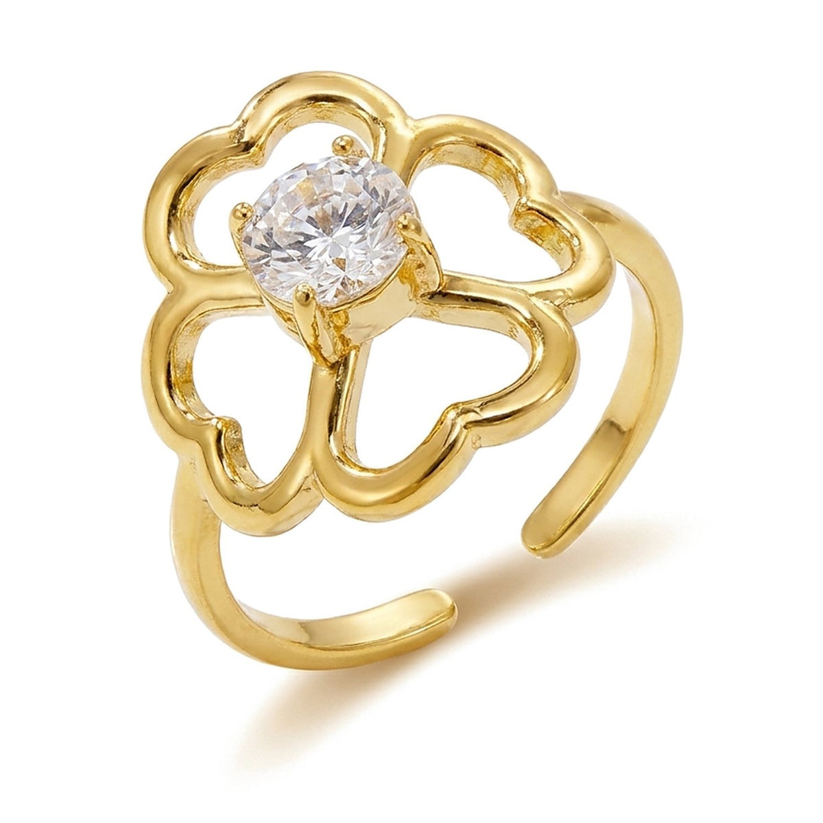 Lundholm Bloom ring dames goudkleurig – verstelbare klavertje vier ring van vier hartjes met zirkonia, gold PVD stainless steel