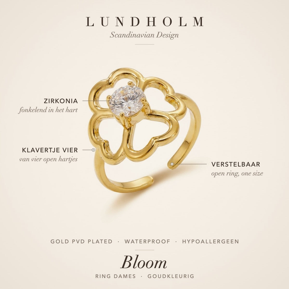 Lundholm Bloom ring goud – verstelbaar, waterproof en hypoallergeen, klavertje vier motief