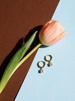 Lundholm Cathie huggie oorbellen met zirkonia hanger goudkleurig naast een perzikkleurige tulp