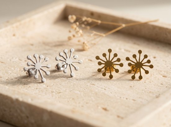 Lundholm Claudia paardenbloem oorknopjes in zilver en goud naast elkaar