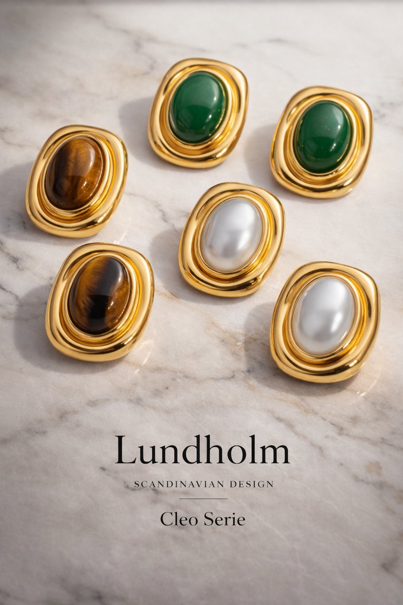 Lundholm Cleo Serie vintage oorstekers met natuursteen in goudkleurig, collectie tijgeroog jade en parelmoer