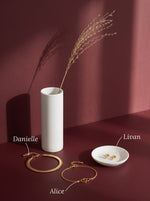 Lundholm Danielle snake chain armband, Alice armband met verstrengelde hartjes en Livan bloem oorknopjes met zirkonia goudkleurig naast een witte vaas