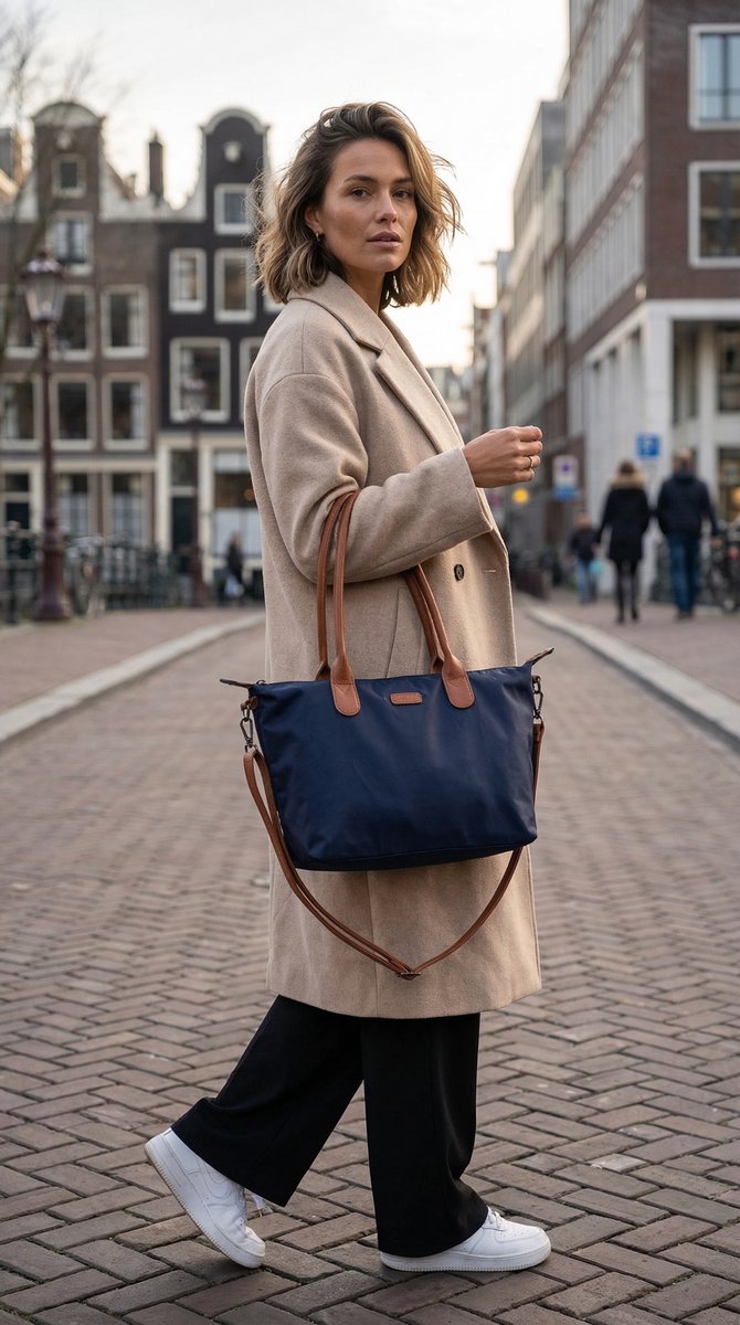 Lundholm Danviken shopper donkerblauwe tote bag gedragen door vrouw in Amsterdamse stadssfeer, elegante schoudertas voor dagelijks gebruik