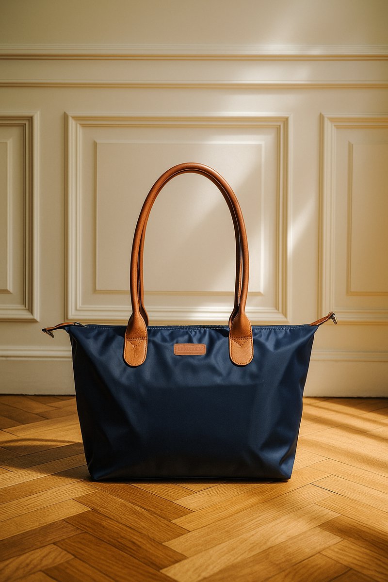 Lundholm Danviken shopper donkerblauwe tote bag met leren handvatten op visgraat parket, elegante schoudertas voor vrouwen