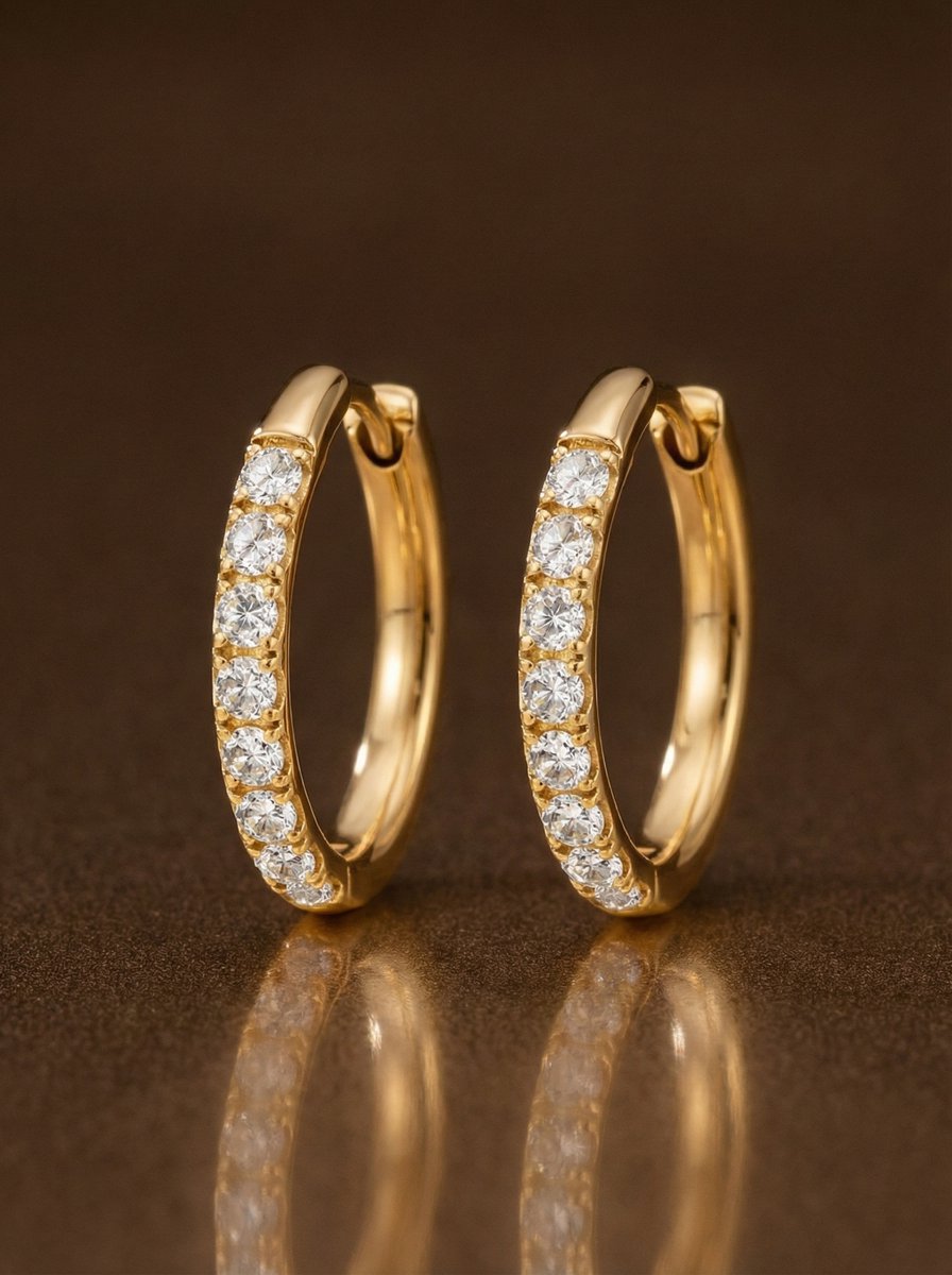 Lundholm Delia goud creolen 14 mm detail — zirkonia steentjes gold plated stainless steel dames