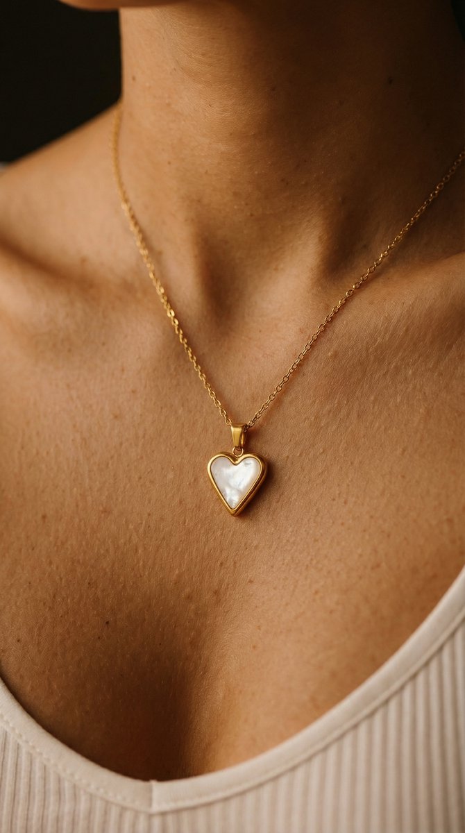 Lundholm Dory ketting met goudkleurige hartjes hanger en parelmoer gedragen door model, romantisch sieraad cadeau voor vrouwen