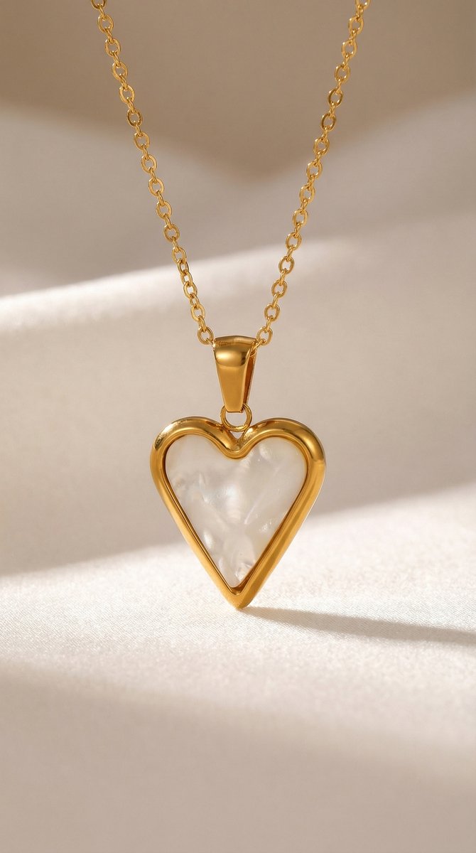Lundholm Dory ketting met goudkleurige hartjes hanger en witte parelmoer kern, romantisch sieraad cadeau voor vrouwen