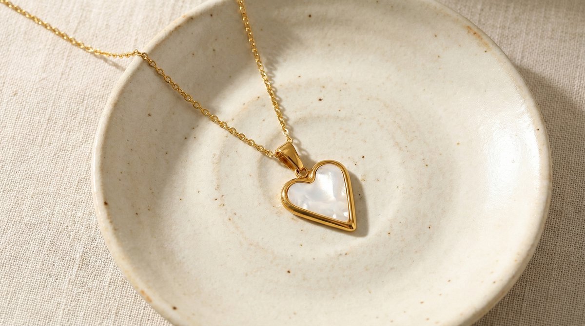 Lundholm Dory ketting goudkleurig met hartje en parelmoer in keramieken schaaltje, sfeerbeeld sieraad cadeau voor vrouwen
