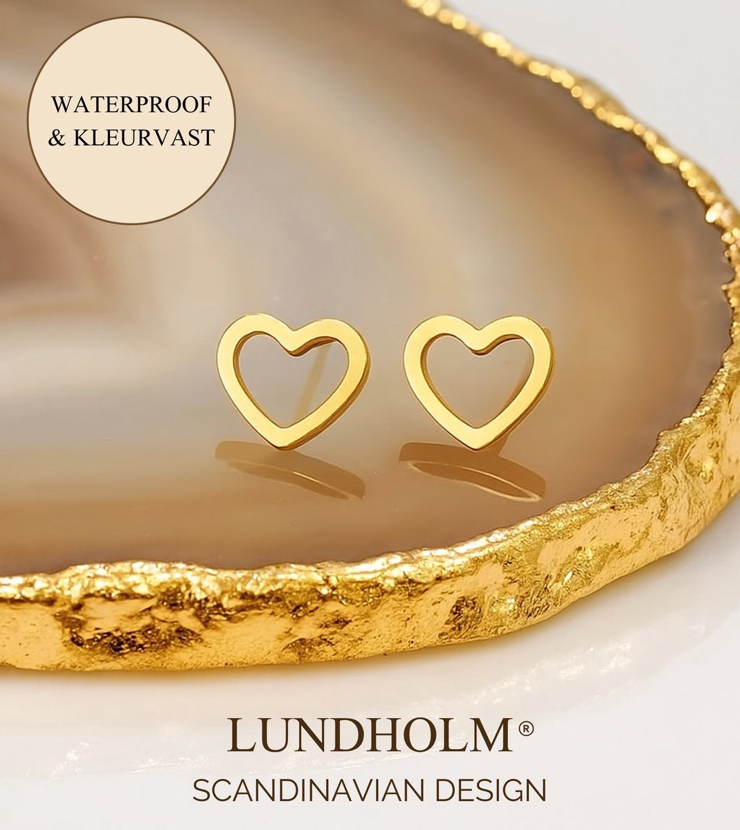 Lundholm Elska Luxe oorbellen dames goudkleurig premium stainless steel – kleine hartjes oorknopjes