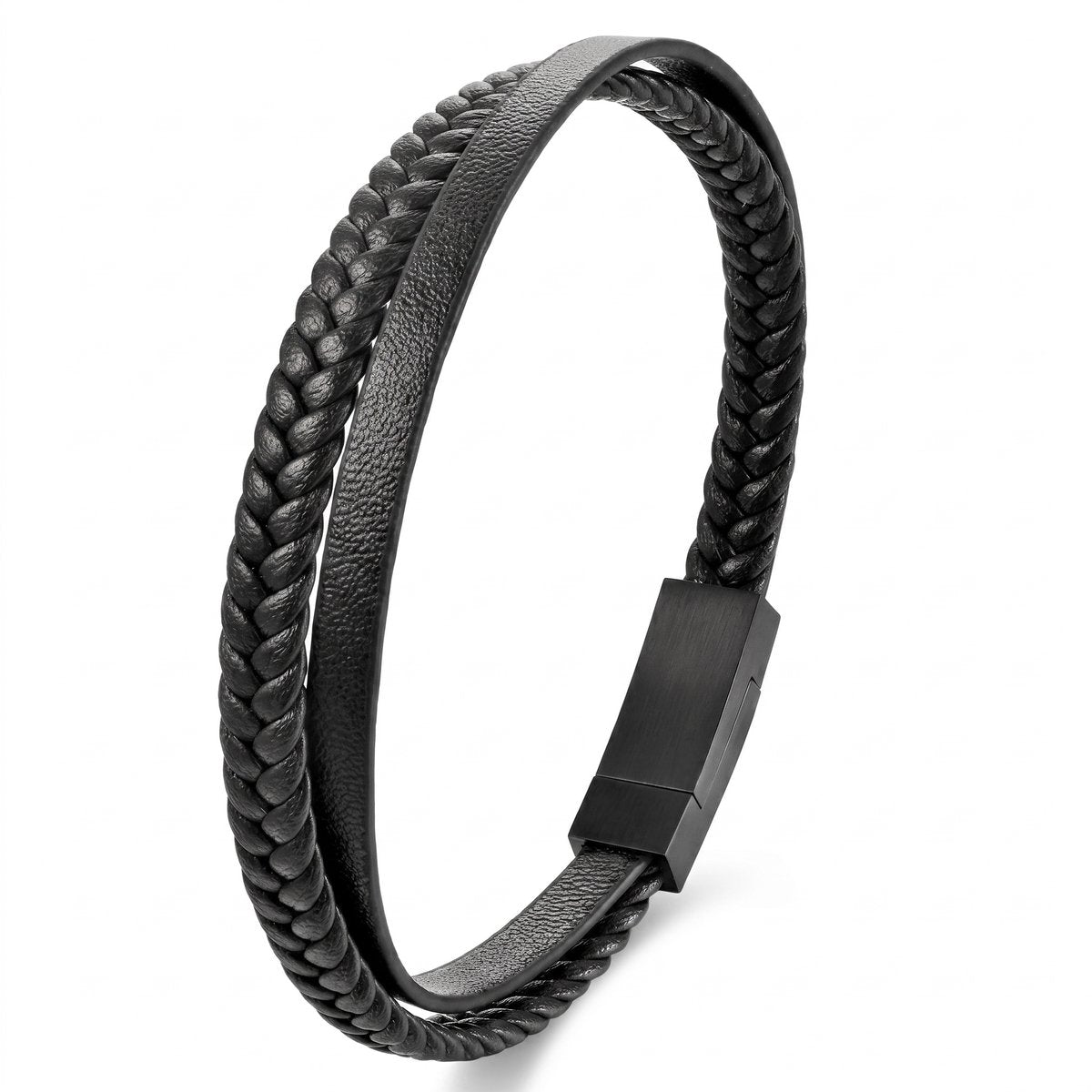 Lundholm Erik heren armband zwart echt leer gevlochten met premium stainless steel sluiting