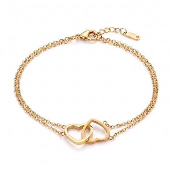 Lundholm Evie armband dames goudkleurig – dubbele schakelarmband met twee verbonden hartjes, gold PVD stainless steel