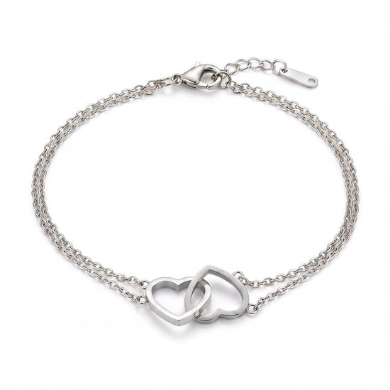 Lundholm Evie armband dames zilverkleurig – dubbele schakelarmband met twee verbonden hartjes, stainless steel