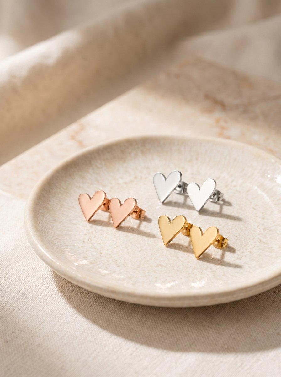 Lundholm Femme hartjes oorknopjes in goud, rosegoud en zilver op een keramieken schaaltje
