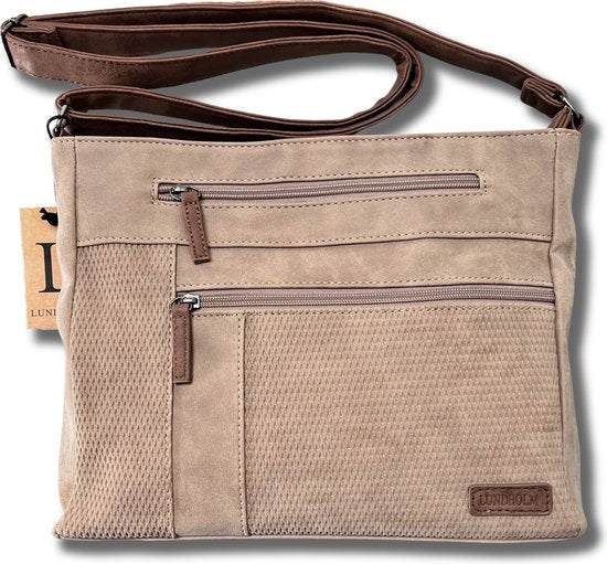 Lundholm Göta schoudertas dames taupe PU leer — vooraanzicht vegan handtas Scandinavisch design