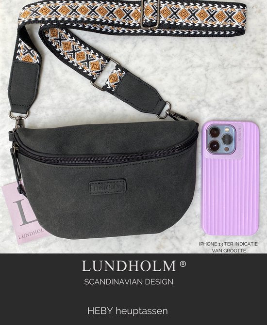Lundholm Heby heuptas zwart hangend — brede tassenriem aztec patroon mooie styling dames