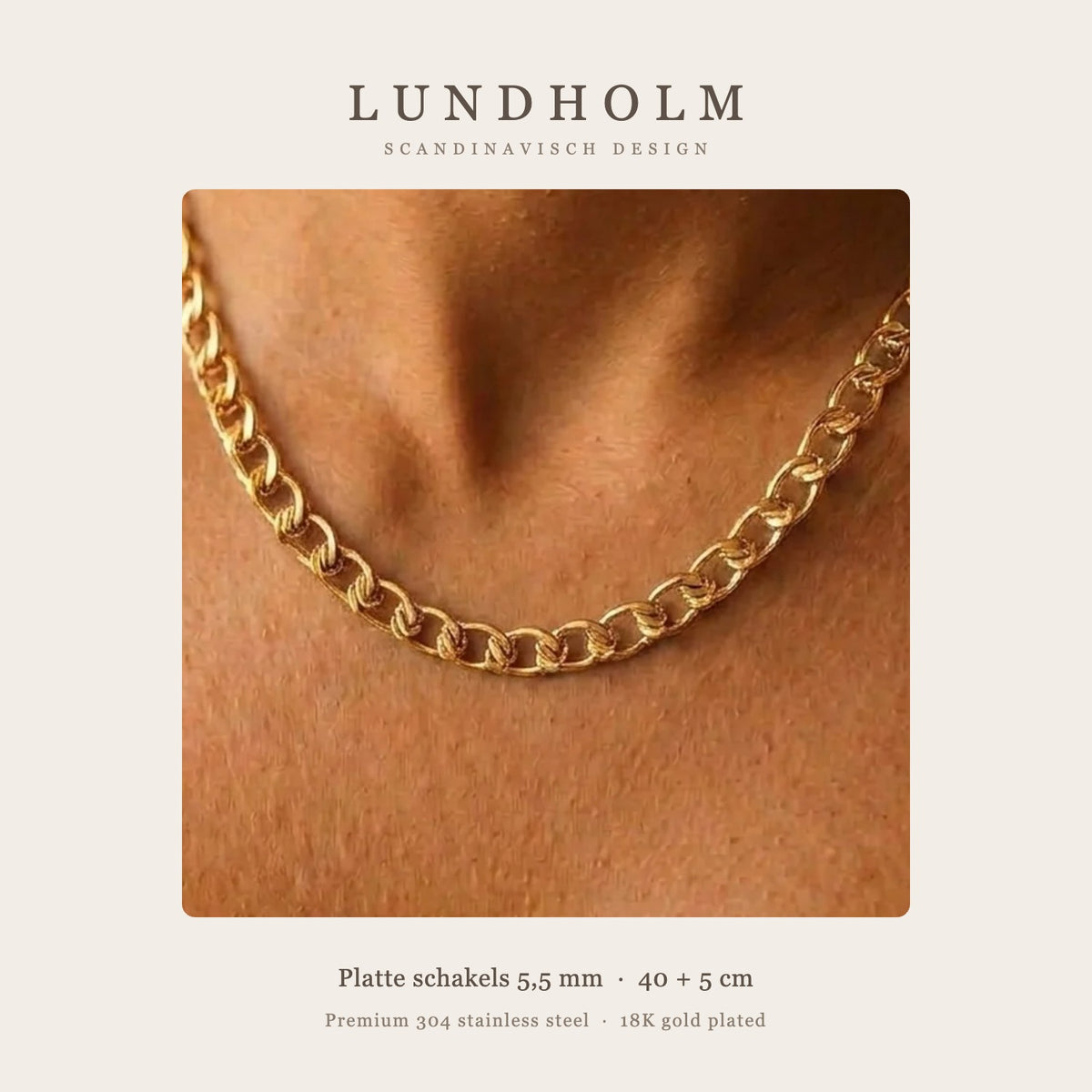 Lundholm Hedda ketting detail – platte schakels 5,5 mm goudkleurig