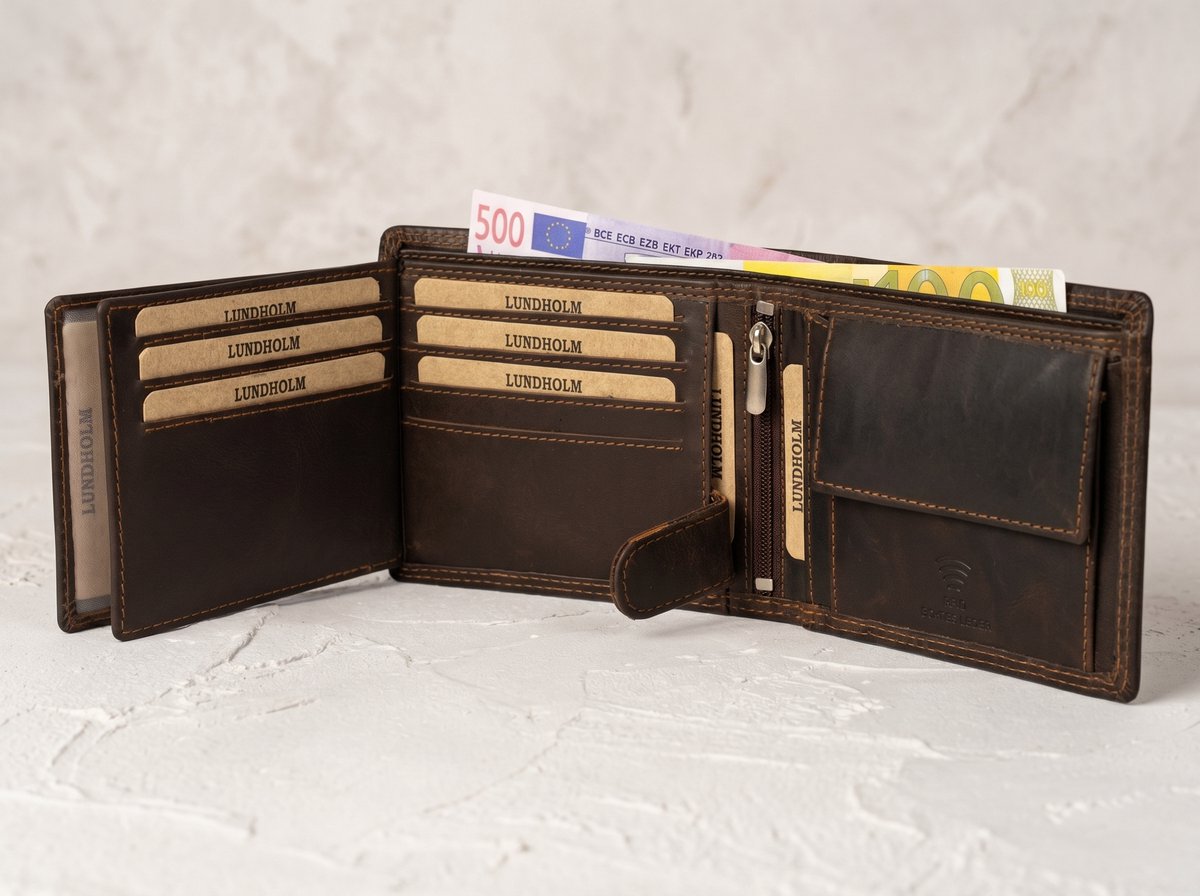 Hunter heren portemonnee donkerbruin open met pasjes en briefgeld