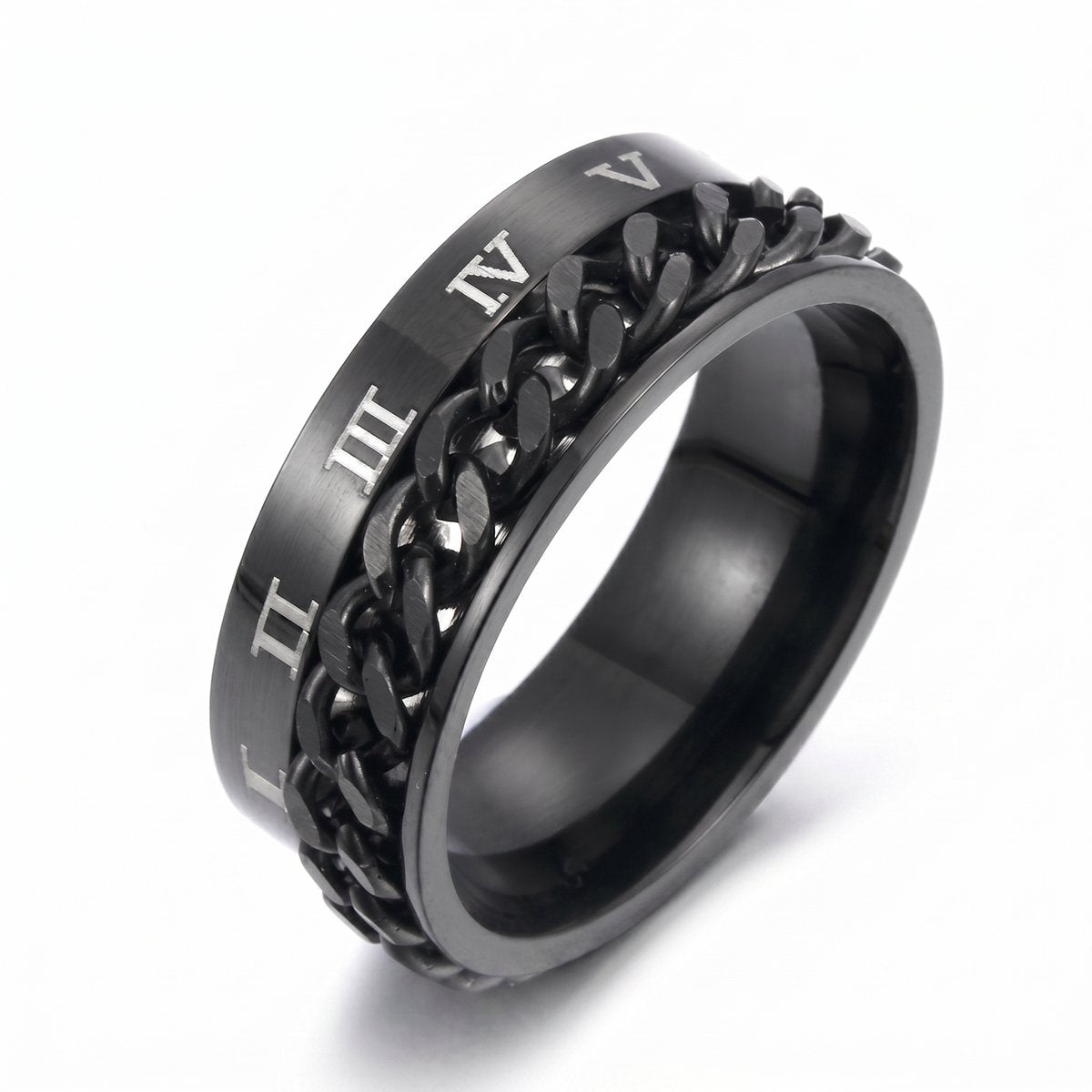 Lundholm Ivar ring heren zwart - premium stainless steel anxiety spinner ring met Romeinse cijfers