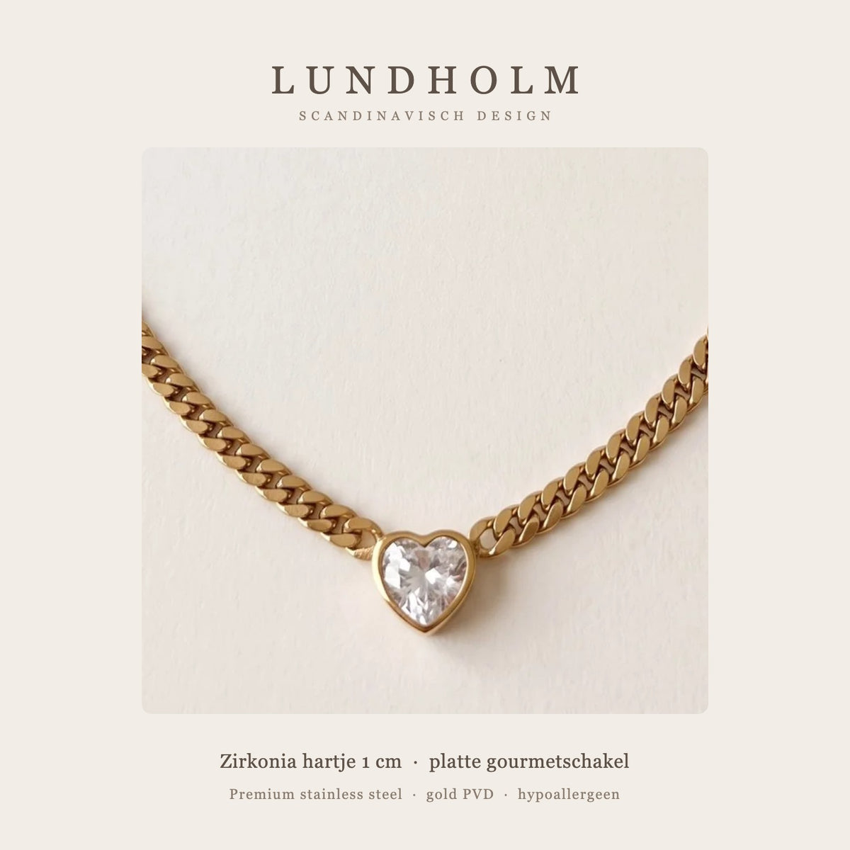 Lundholm Jonna ketting detail – zirkonia hartje van 1 cm aan platte gourmetschakel