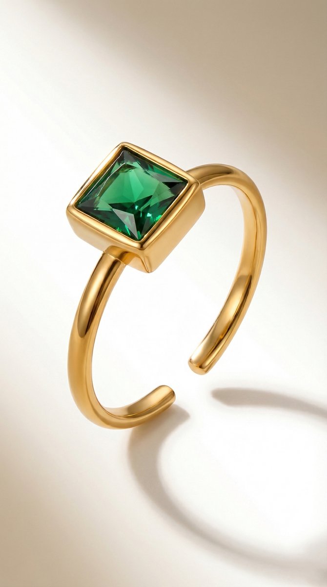 Lundholm Julie ring dames goud groene smaragd vierkante steen — verstelbaar premium stainless steel Scandinavisch