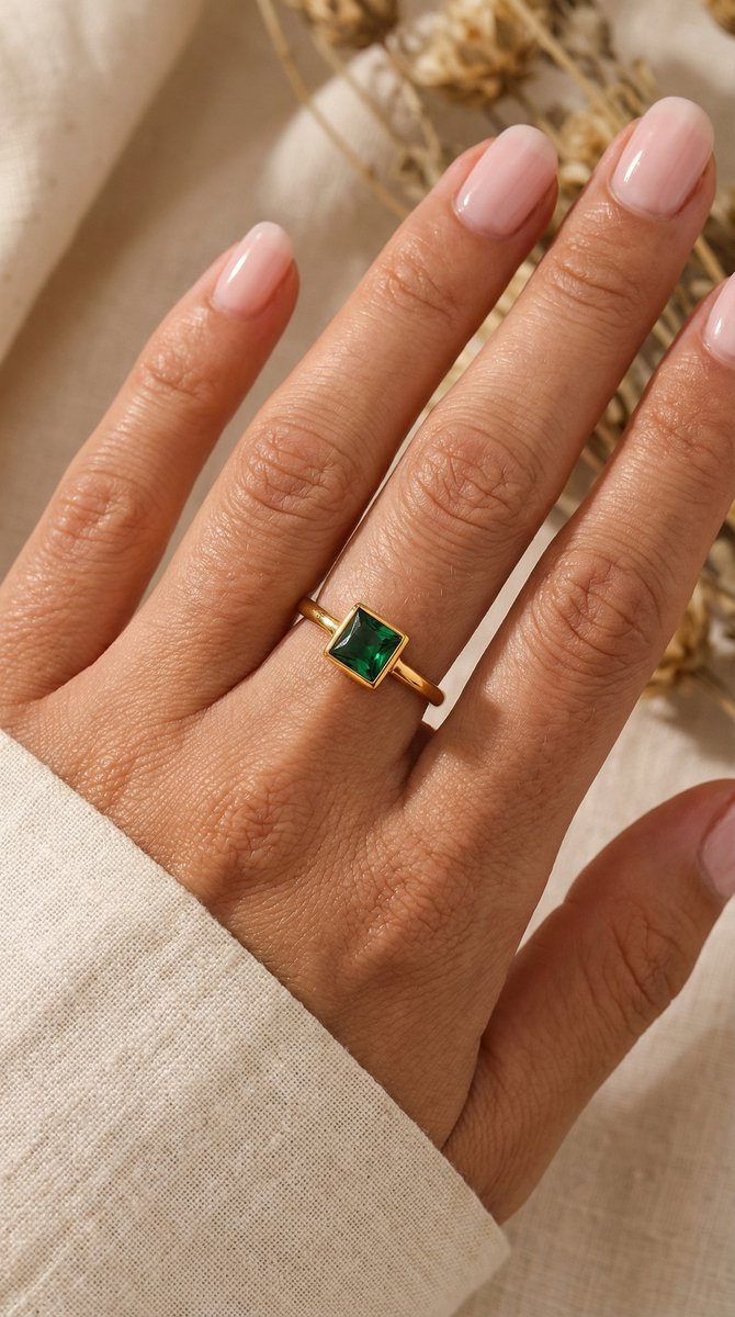 Lundholm Julie ring goud groene steen aanschuifring — verstelbaar one size dames