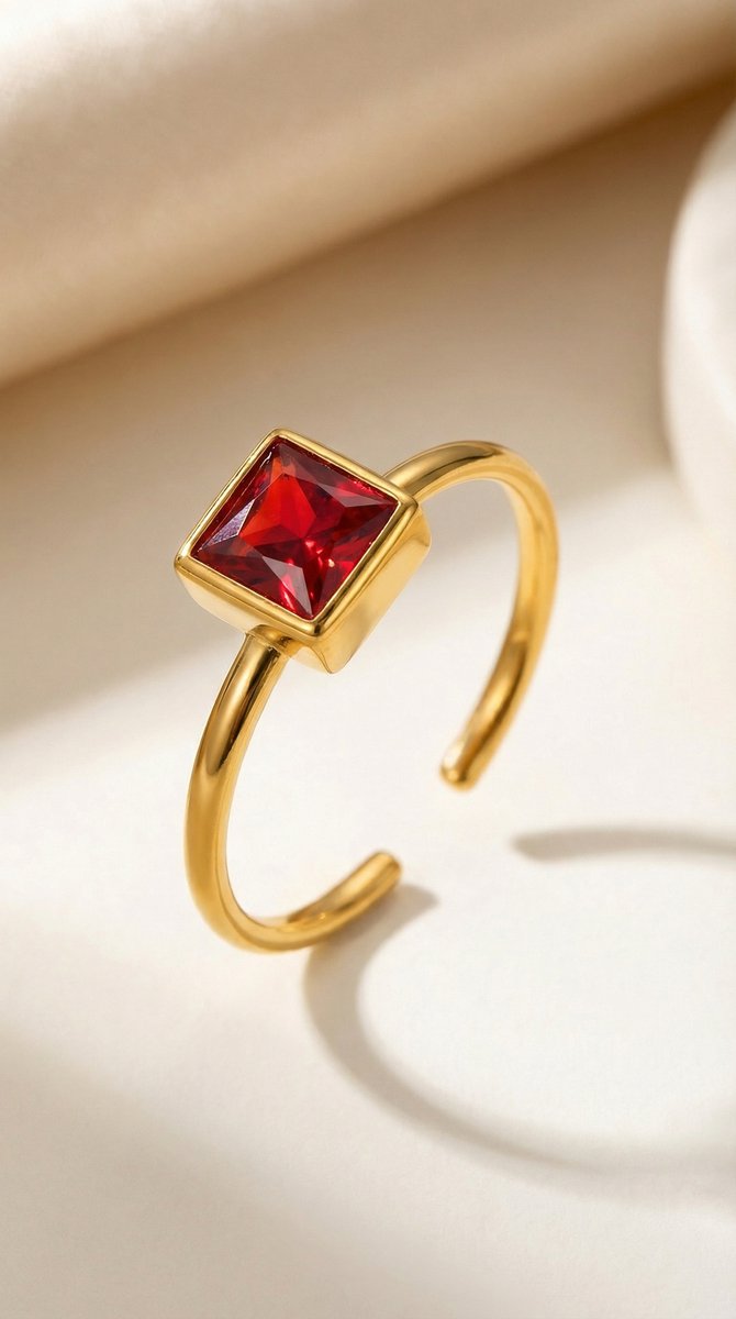 Lundholm Julie ring goud rode steen close-up — verfijnd Scandinavisch design dames cadeau