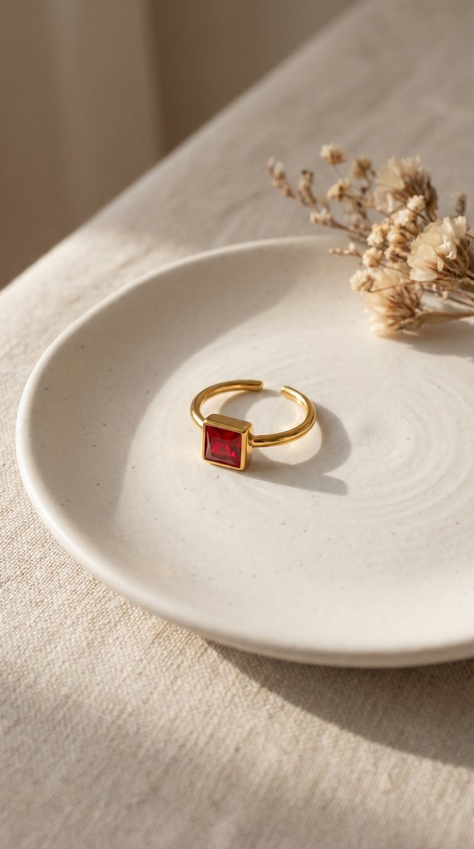 Lundholm Julie ring goud rode steen aanschuifring — verstelbaar one size dames