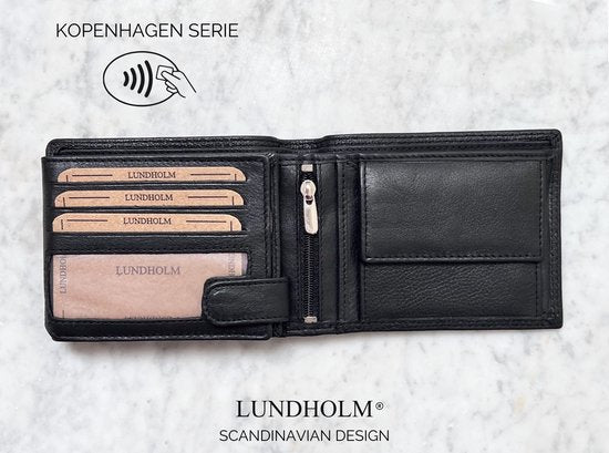 Lundholm Kopenhagen serie branded heren portemonnee leer zwart — RFID anti-skim Scandinavisch design