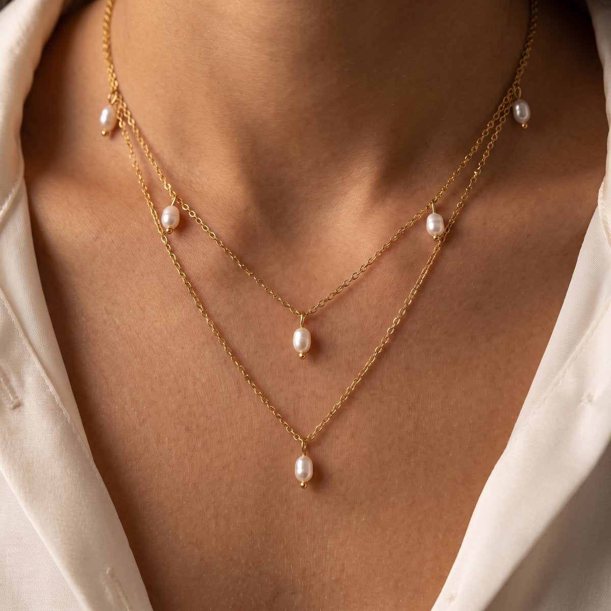 Lundholm Kristy dubbele layering ketting dames goudkleurig met imitatie parels