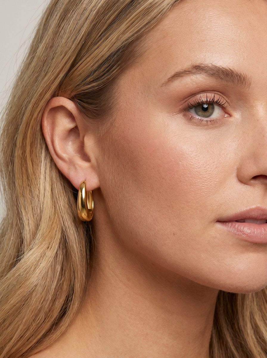 Vrouw draagt Lundholm Lea hoepel oorbellen in goudkleurig stainless steel