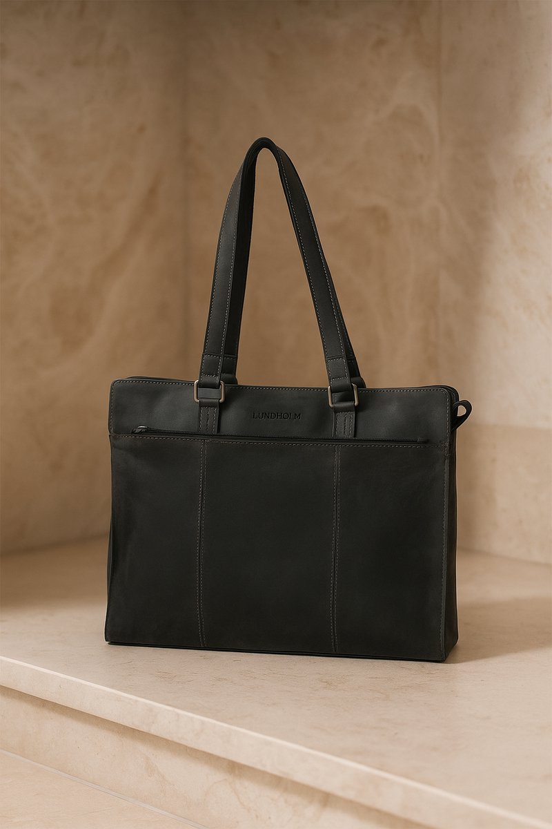 Lundholm zwarte leren werktas dames met 15.6 inch laptopvak — premium kwaliteit echt leer