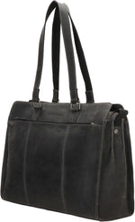 Lundholm zwarte leren laptoptas dames detail handvatten — duurzaam rundleer