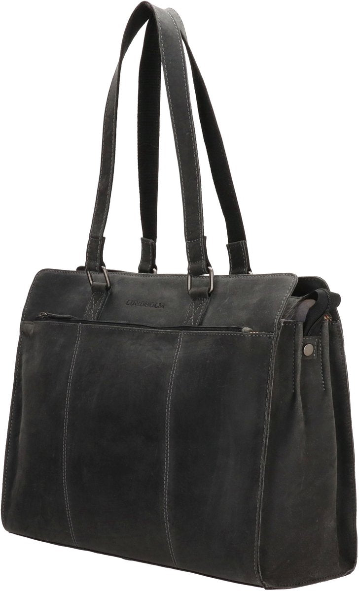 Lundholm zwarte leren laptoptas dames detail handvatten — duurzaam rundleer