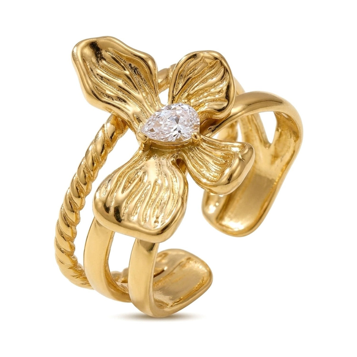 Lundholm Lily ring dames goudkleurig – statement bloemenring met druppelvormige zirkonia, gold PVD stainless steel